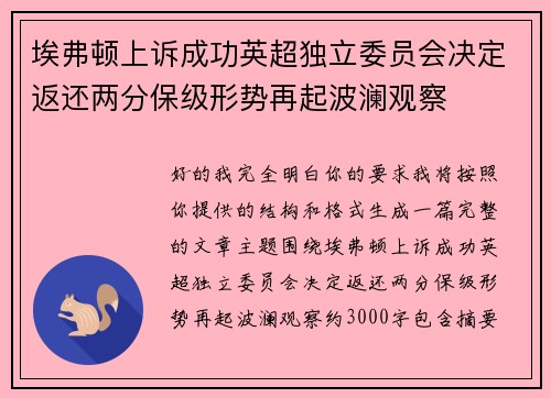 埃弗顿上诉成功英超独立委员会决定返还两分保级形势再起波澜观察