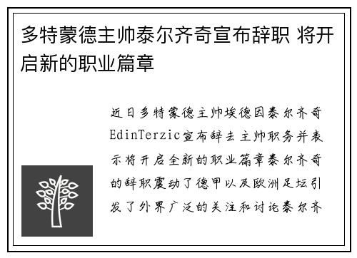 多特蒙德主帅泰尔齐奇宣布辞职 将开启新的职业篇章 多特蒙德主帅泰尔齐奇宣布辞职 将开启新的职业篇章